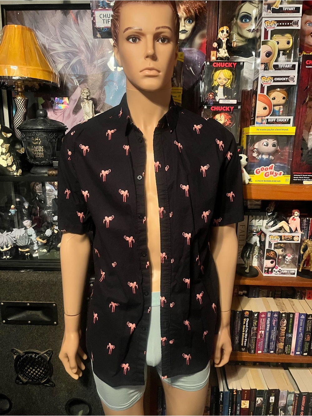 Divided Black Short-Sleeve Button-Down Shirt with Pink Flamingo Print